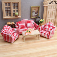 1:12 Dollhouse Miniature Living Room Sofa Set - Red Plaid Furniture Model