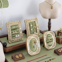 Walnut & Green Velvet Jewelry Display Stand Set for Necklaces, Bracelets, Rings