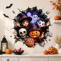 Halloween 3D Broken Wall Decal Cartoon Witch Bat Self-Adhesive Sticker for Bedroom Decoration