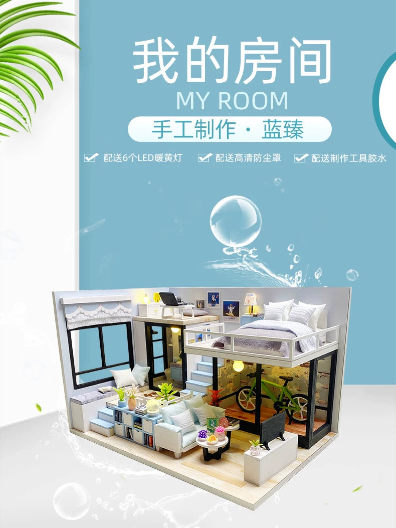 DIY Miniature Dollhouse Kit with Dust Cover, Wooden Assembly Model for Creative Gift