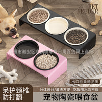 Elevated Ceramic Pet Food Bowl Set for Cats and Small Dogs, Tilted Design for Neck Protection, Anti-Vomiting, Double/Triple Bowls