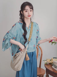 Tang Palace Night Banquet Hanfu Inspired Zen Tea Suit for Women - Improved Chinese Style Top and Wide-Leg Pants Set