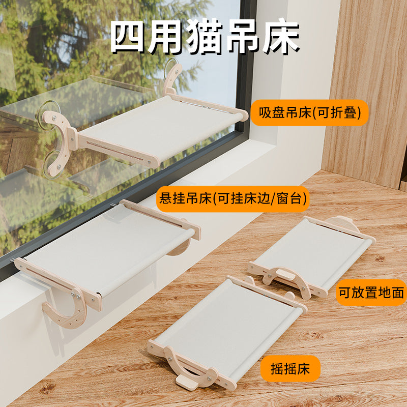 Cat Window Hammock Bed with Suction Cups, Wooden Sunbathing Perch for Cats, Pet Sofa Nest