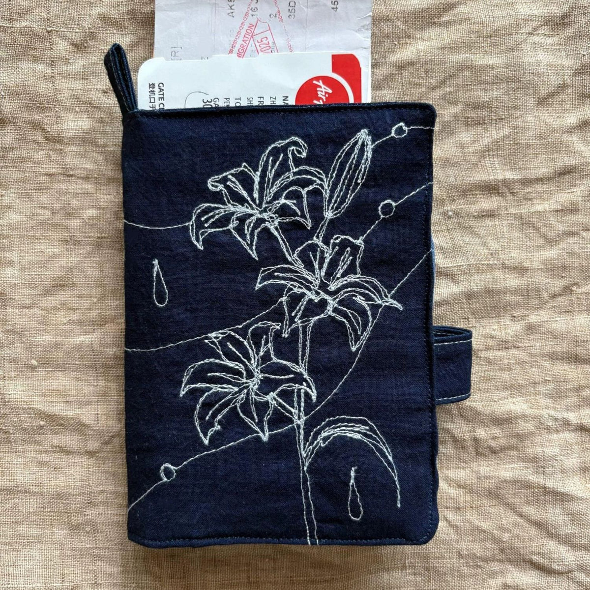 Embroidered Ramie Passport Holder Card Wallet with Buckle Closure