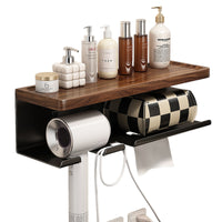 Walnut Wall-Mounted Hair Dryer Holder with Storage Shelf and Tissue Dispenser for Bathroom