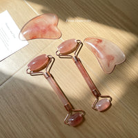 2-Piece Amber Pink Facial Roller & Gua Sha Set for Face Lifting & Relaxation