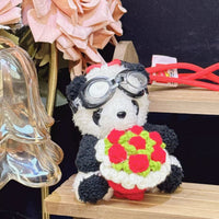 Crochet Panda Keychain with Goggles and Flower Bouquet Plush Doll Bag Charm