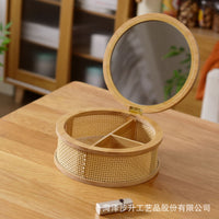 Bamboo Woven Cosmetic Storage Box with Mirror, Wooden Round Desktop Organizer