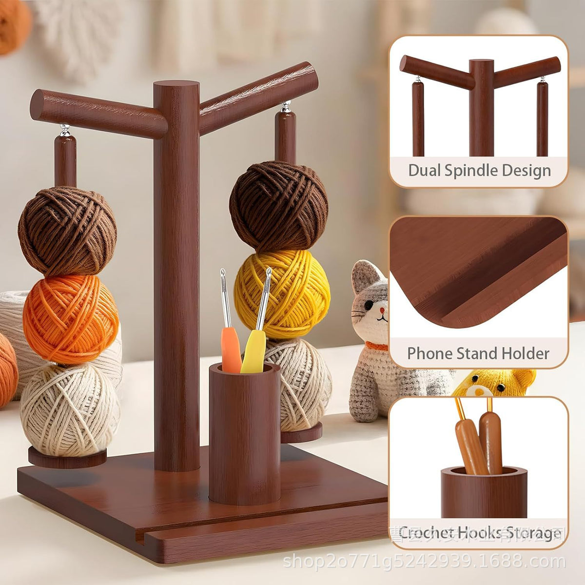 Wooden Yarn Spool Holder Double Axis Rotating Knitting Storage Rack