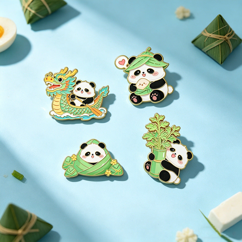 Dragon Boat Festival Panda Cartoon Metal Brooch Pin for Backpacks and Clothing