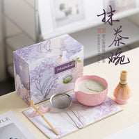 Embossed Cherry Blossom Ceramic Matcha Bowl Set with Spout - 7 Pieces