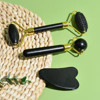 Black Bian Stone 3-Piece Jade Roller and Gua Sha Massage Tool Set for Face and Body