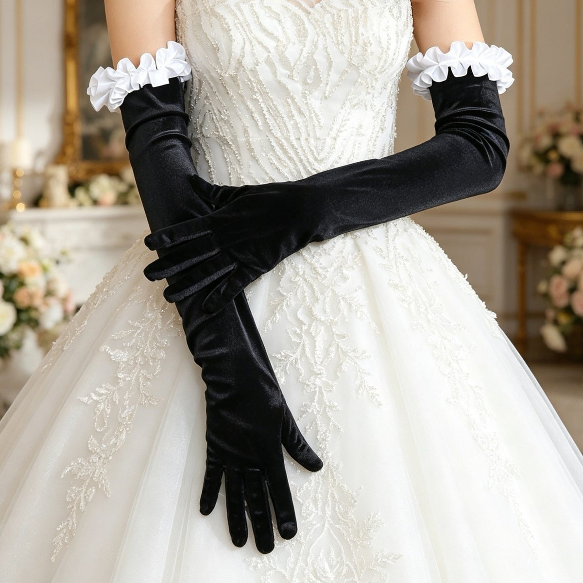 1920s Vintage Black Velvet Lace Opera Gloves for Cosplay & Halloween Parties