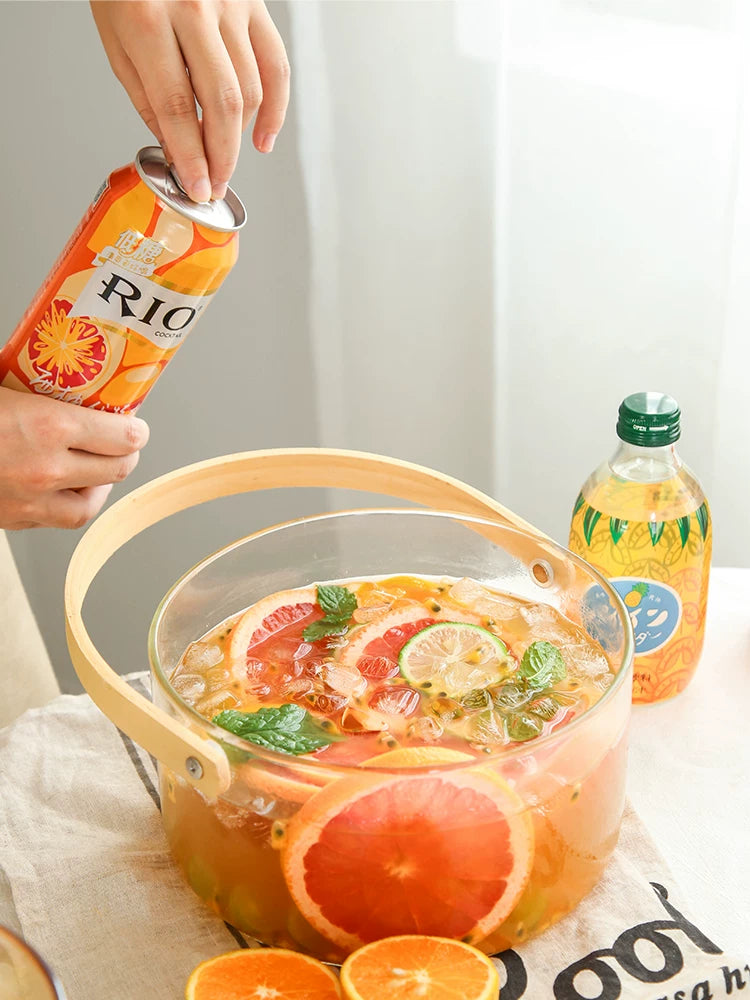Portable Glass Fruit Bucket with Handle, Large Capacity Ice Bucket for Outdoor Picnics and Parties