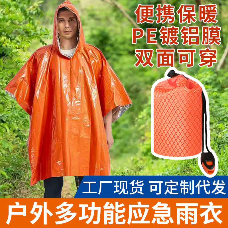 Emergency Thermal Rain Poncho with Whistle and Storage Bag for Outdoor Camping Hiking Survival
