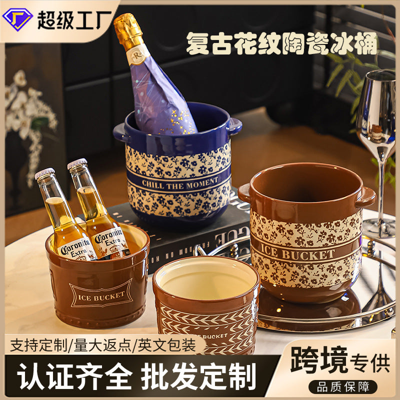 Vintage Ceramic Double-Handle Ice Bucket for Wine and Beer, Large Capacity Insulated Chiller for Parties