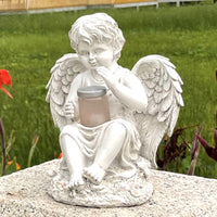 Solar Powered Angel Statue Garden Decor with Lantern - Boy or Girl Resin Figurine for Outdoor Patio Yard