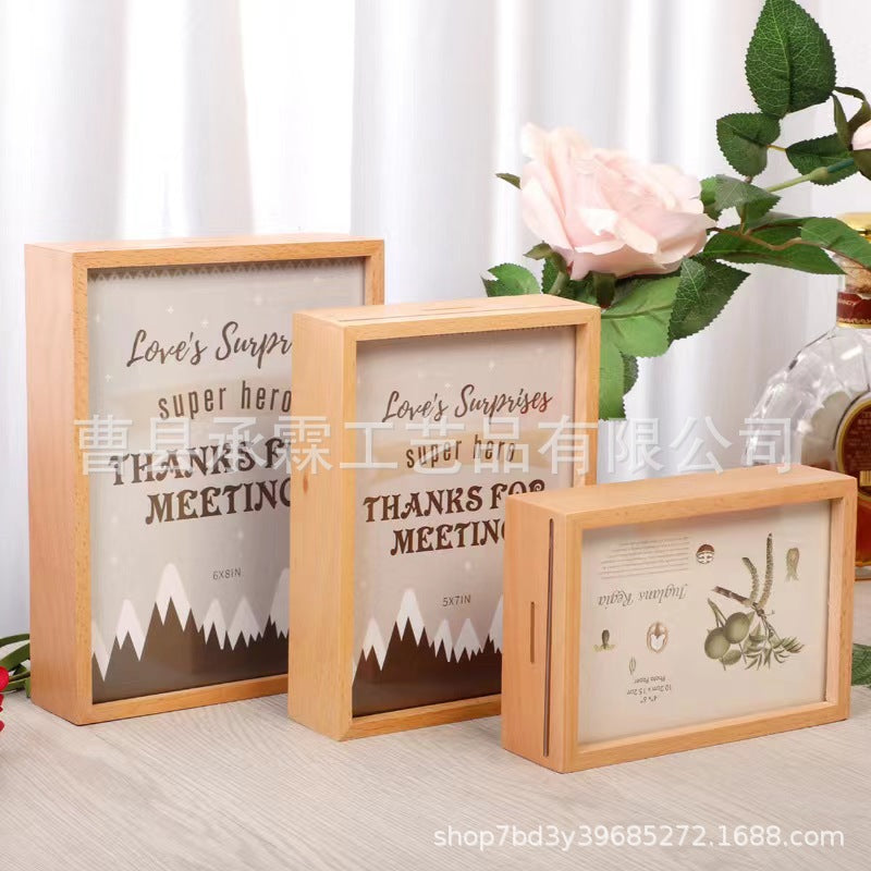 Creative Wooden Photo Frame with Acrylic Panel and Piggy Bank Function for Desktop Display