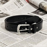 Women's Heart-Perforated Punk Style Belt with Diamond Buckle