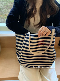 Luself "Happy Puppy" Striped Canvas Tote Bag, Large Capacity Embroidered Shoulder Bag