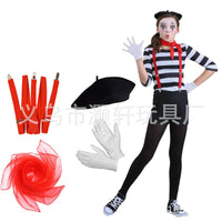 Halloween Clown Mime Costume Set with Hat, Gloves, Stockings, Suspenders, and Scarf