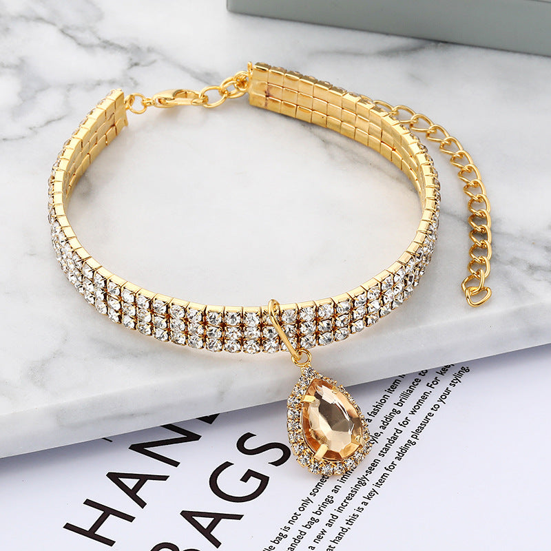 Rhinestone Pet Collar with Teardrop Pendant, Elastic Cat Dog Necklace Jewelry