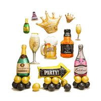 Champagne Bottle & Glass Crown Foil Balloon Set for Birthday & Anniversary Decorations