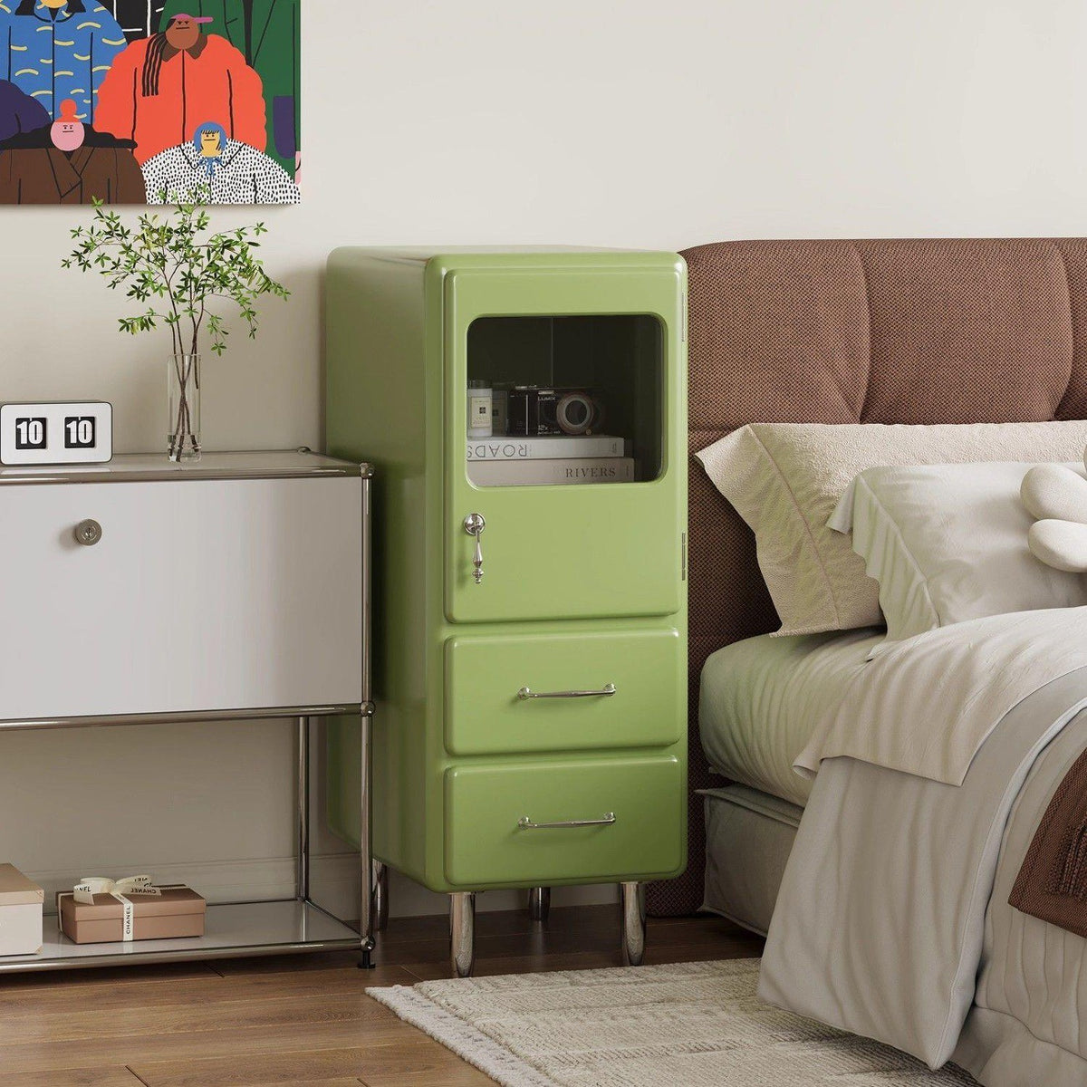 Japanese Retro Slim Display Cabinet with Drawers and Glass Door for Living Room Bedroom