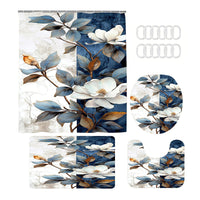 Japanese Plum Blossom Shower Curtain Set with Non-Slip Bath Mat & Toilet Lid Cover