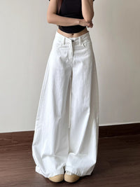 Women's White Straight Leg Low Waist Loose Fit Wide Leg Jeans