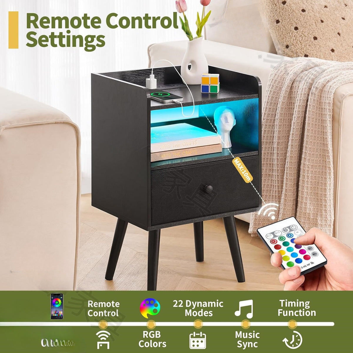 Smart Nightstand with Power Outlet, Modern Bedside Table with Storage