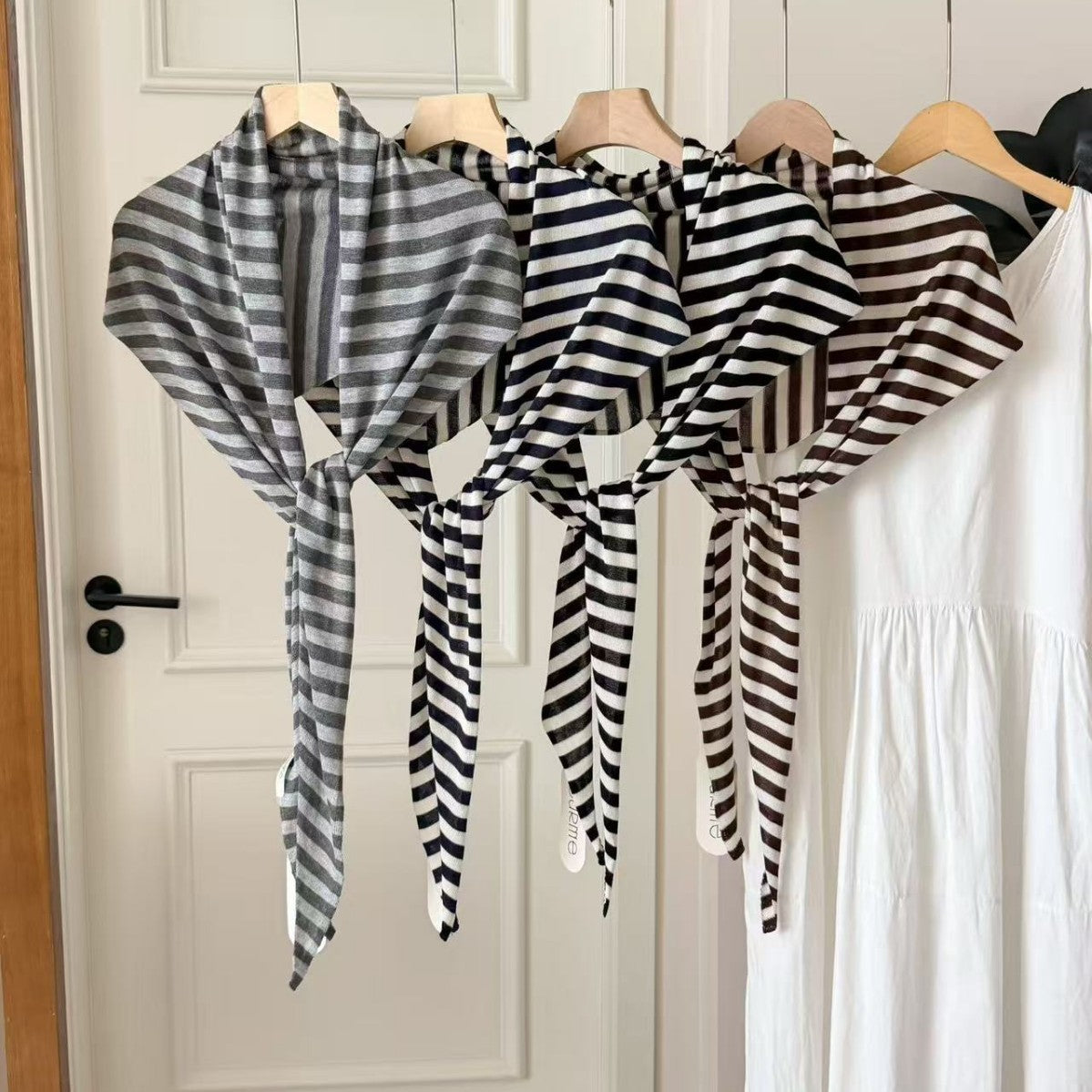 Korean Style Ice Silk Striped Triangle Scarf Shawl for Summer Sun Protection and Air Conditioning