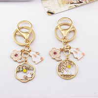Japanese Style Cherry Blossom Cat and Rabbit Alloy Keychain