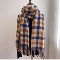 Unisex Plaid Faux Cashmere Scarf with Tassels, Korean/Japanese Style, Warm Winter Shawl