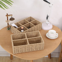 Multi-Compartment Woven Desktop Organizer Basket for Cosmetics and Remotes