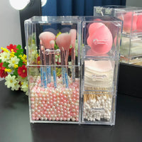 Acrylic Makeup Brush Holder with Lid and Pearl Fillers, Dustproof Cosmetic Organizer for Vanity