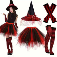 Adult Witch Costume Set with Hat, Dress, Stockings, and Sleeves for Halloween Cosplay