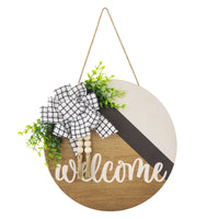 Welcome Eucalyptus Grass Wooden Bead Tassel Round Plaque Wreath Door Hanging Ornament for Courtyard Decoration