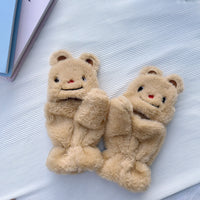 Cute Bear Plush Flip-Top Mittens for Winter - Thickened Warm Student Writing & Cycling Gloves with Neck Strap