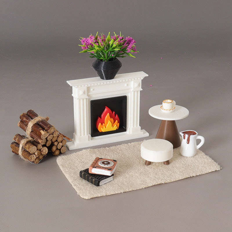 Miniature Fireplace, Table, Stool, Carpet Dollhouse Christmas Scene Furniture Decor Set