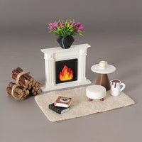 Miniature Fireplace, Table, Stool, Carpet Dollhouse Christmas Scene Furniture Decor Set