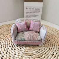 1:12 Dollhouse Miniature Living Room Furniture Set - Pink Floral Sofa, Coffee Table, and Lamp