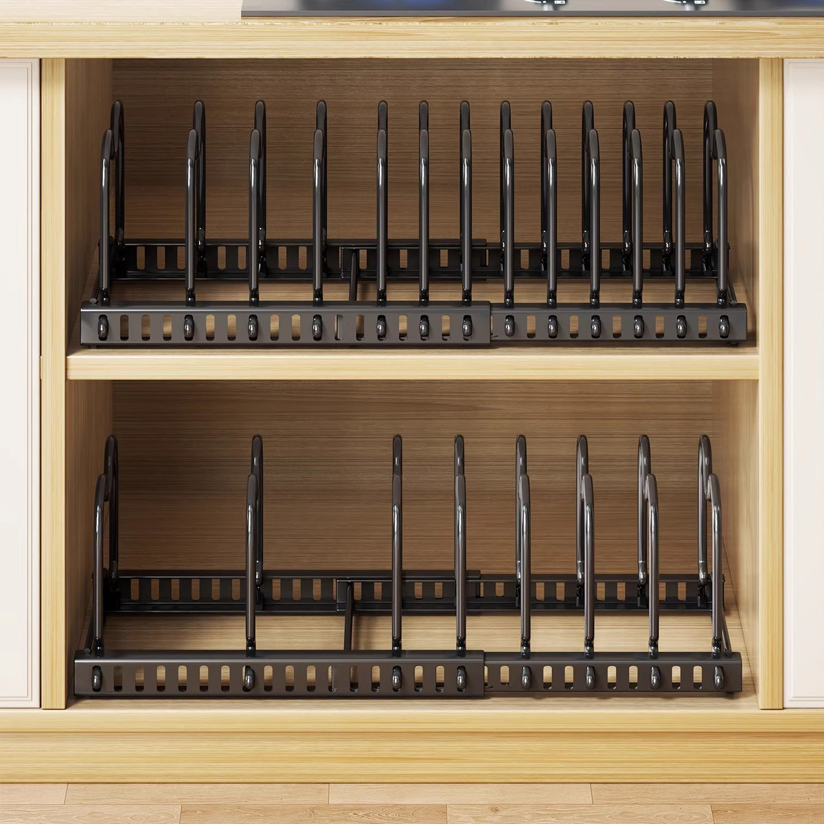 Adjustable Expandable Pot and Pan Organizer Rack for Kitchen Cabinets