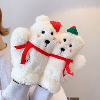 Women's Winter Lambswool Lined Warm Cartoon Plush Gloves with Neck Strap for Cycling