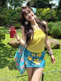 Dopamine Sweet & Spicy Halter Crop Top & Printed Skirt Two-Piece Set for Women