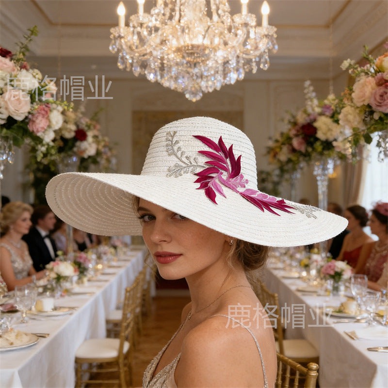 2026 New Chinese Style Embroidered Wide Brim Straw Hat for Women, Sun Protection Beach Hat