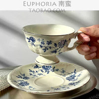 Vintage French Blue and White Porcelain Coffee Cup and Saucer Set with Gold Rim