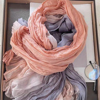 Gradient Cotton Linen Feel Scarf for Women, Vintage Print Long Striped Pleated Shawl