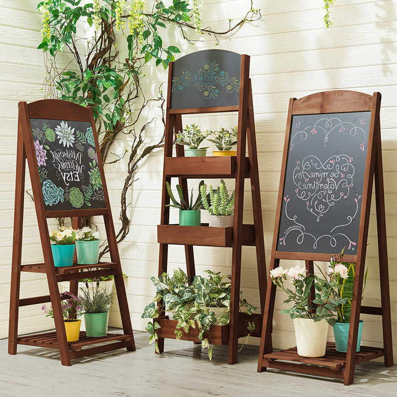 Foldable Wooden Plant Stand with Chalkboard for Indoor/Outdoor Use