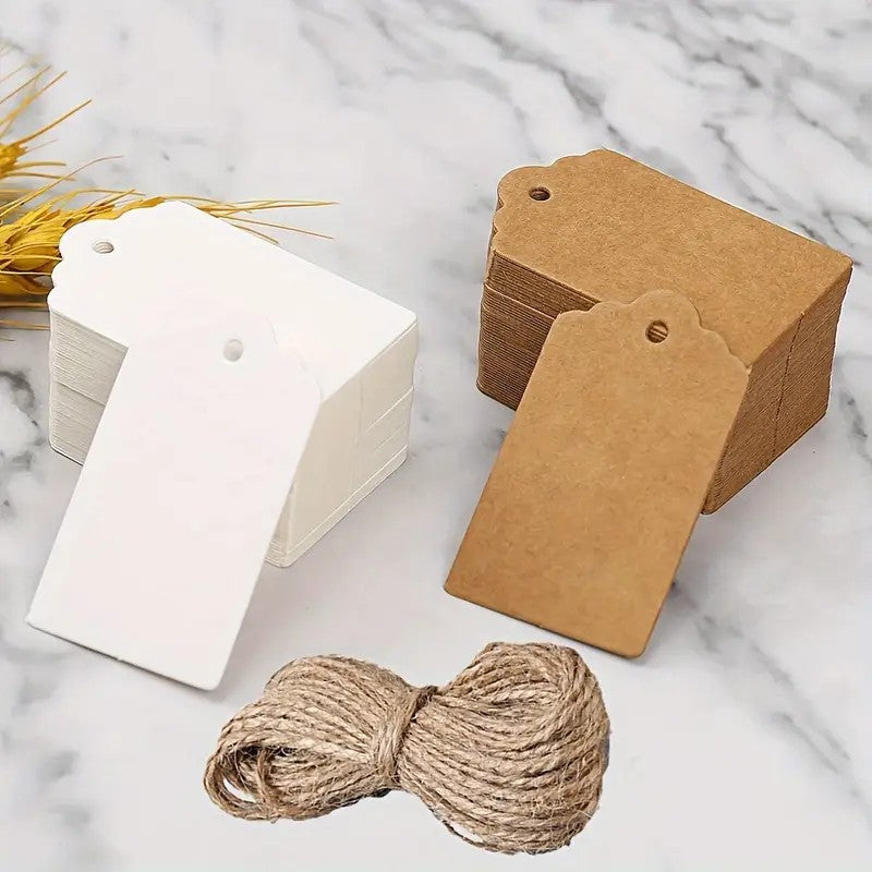 Blank Gift Tags with Jute Twine for Amazon/eBay Listings - White and Kraft Paper Hanging Labels